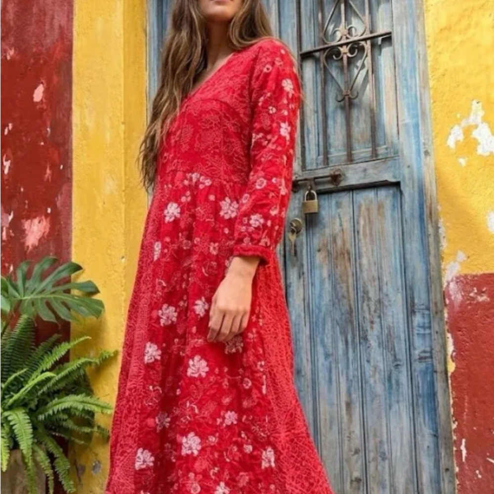 Johnny Was Anwen Patcwork Midi Dress Red S